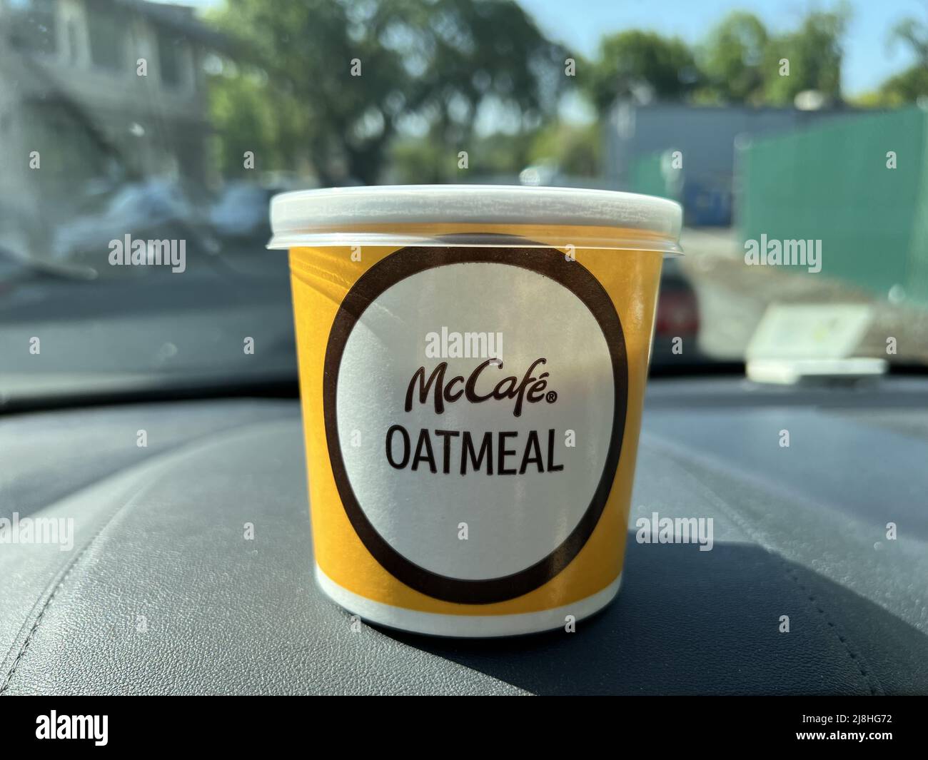 Close-up of container of McCafe Oatmeal, a breakfast item from McDonald's restaurant, Lafayette, California, April 26, 2022. Photo courtesy Sftm. Stock Photo