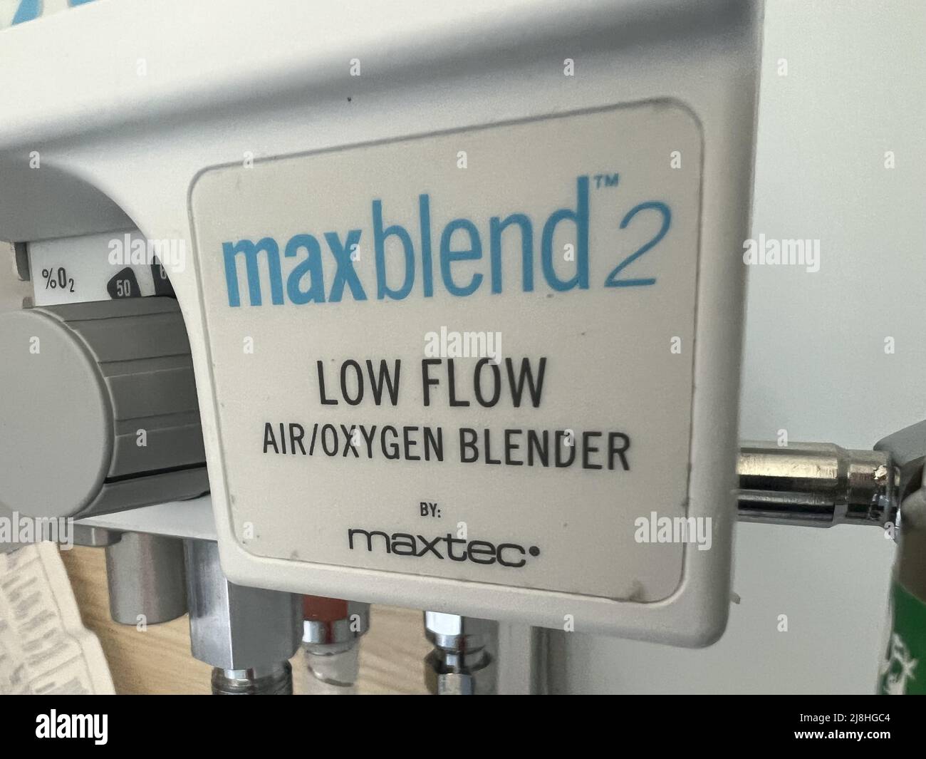 Closeup of Maxtec blend medical air and oxygen blender, San Francisco