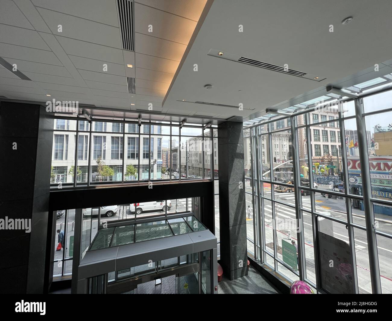 Interior glass lobby at the California Pacific Medical Center (CPMC) Van Ness campus, a division of Sutter Health, a hospital in San Francisco, California, May 5, 2022. Stock Photo