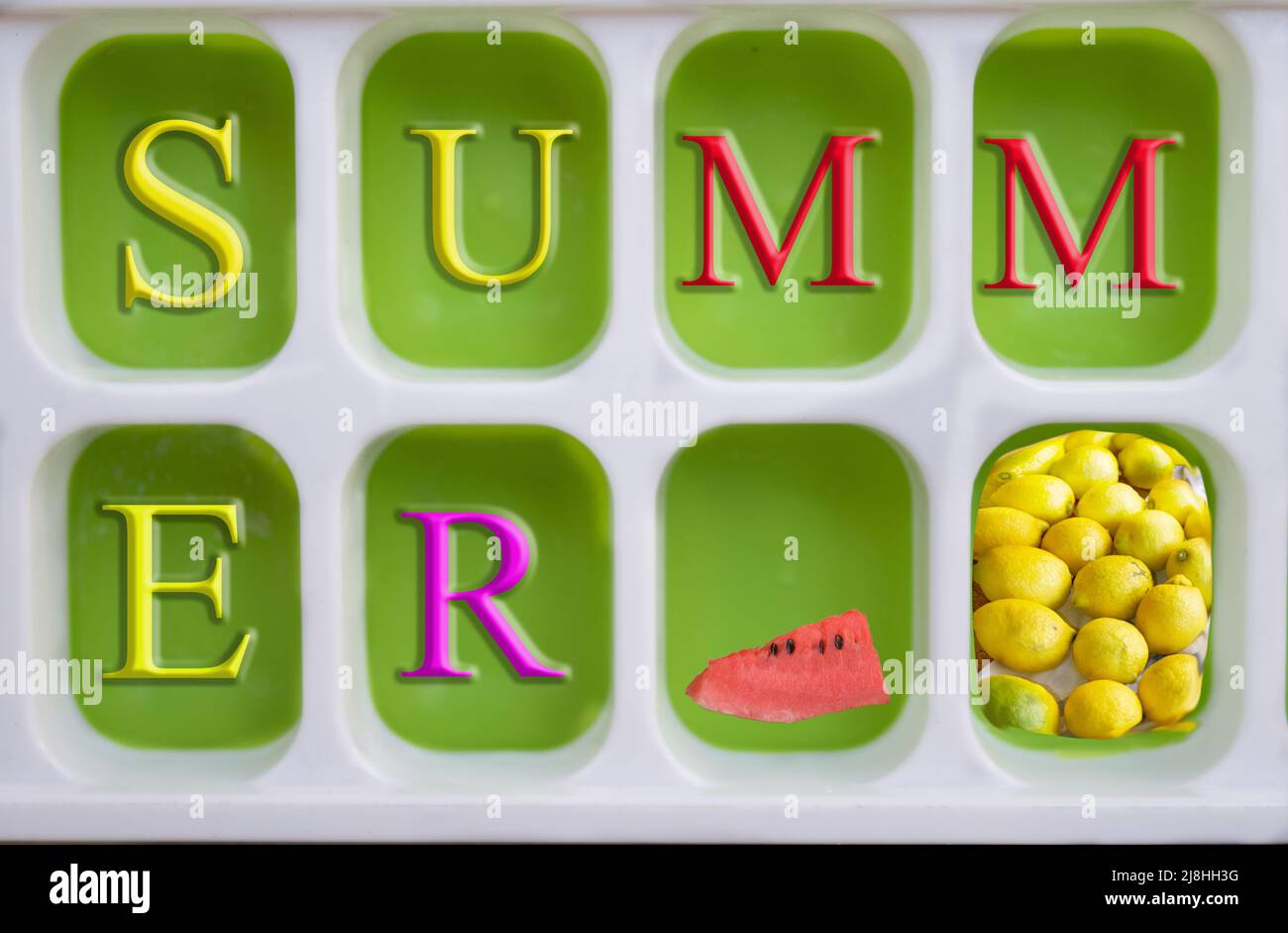 concept of summer and heat with the summer written and fruit Stock Photo