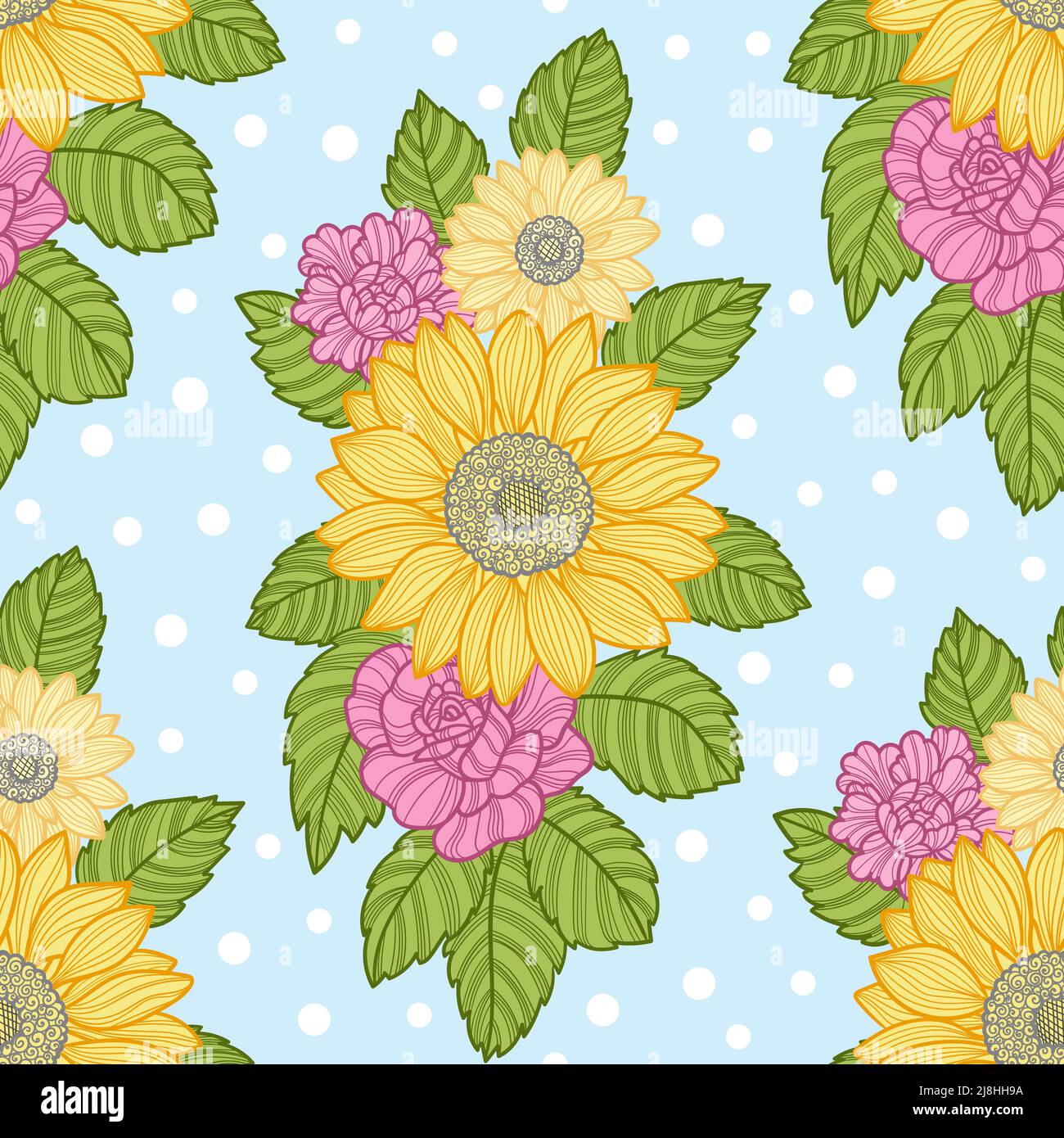 Seamless pattern with flowers and leaves. Vector Stock Vector