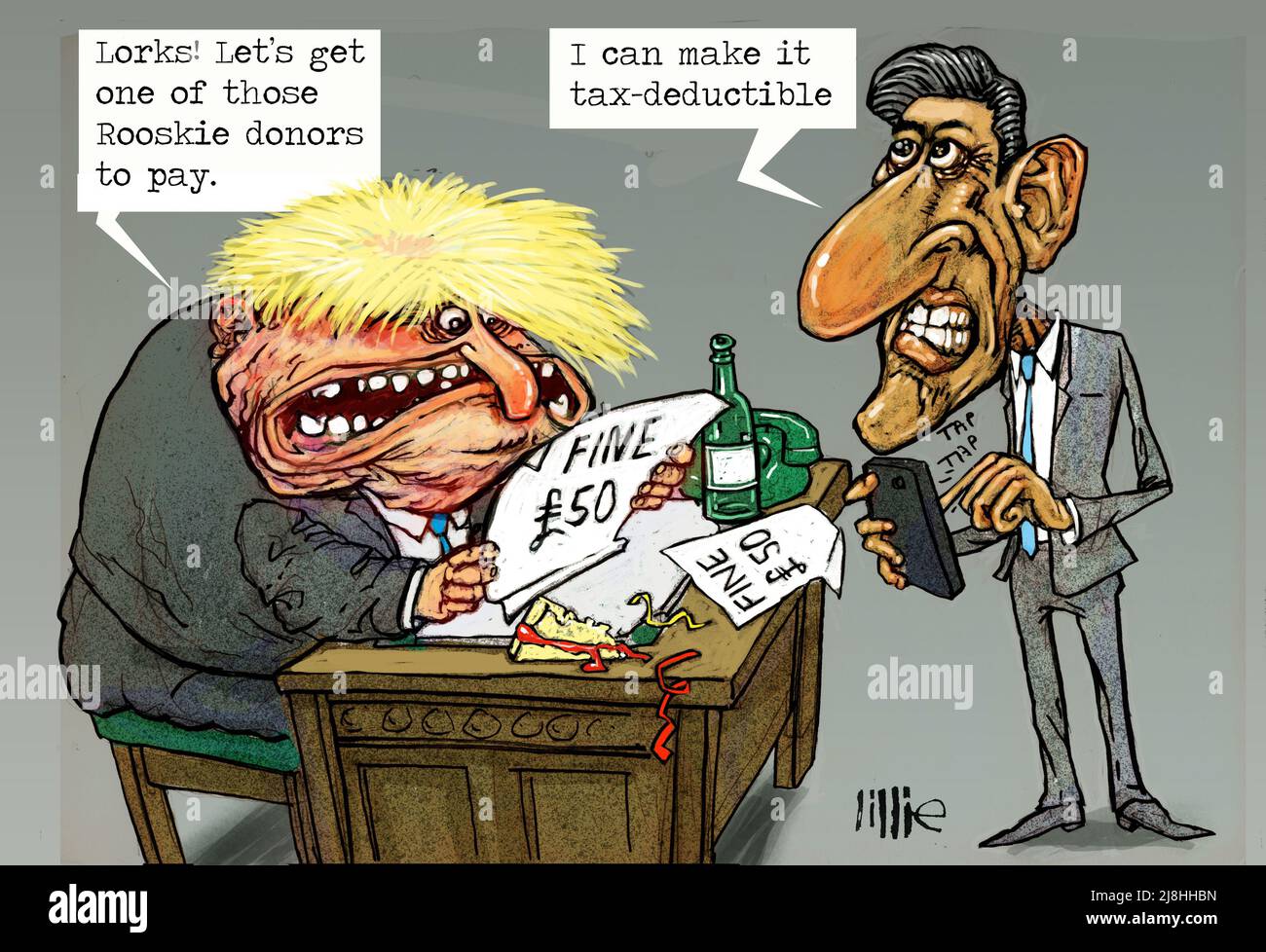 Caricature Boris Johnson receiving fine, Rishi Sunak suggesting it might be tax-deductible, satire on Tory partygate, Russian donations, tax-dodging Stock Photo
