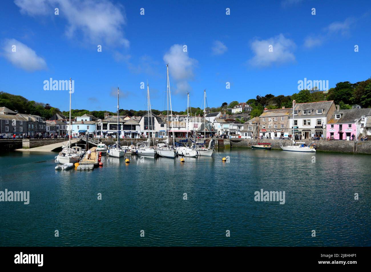 Padstow Harbour looking across the moorings towards North Quay. Stock Photo