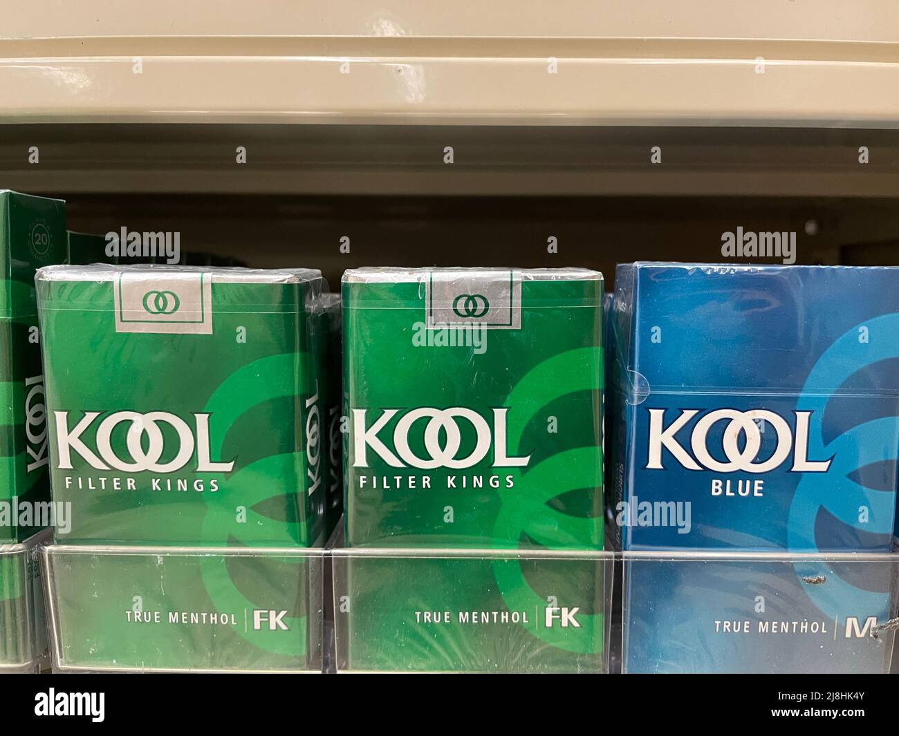Grovetown, Ga USA - 4 30 22: Menthol Cigarettes retail store shelf Kool variety Stock Photo