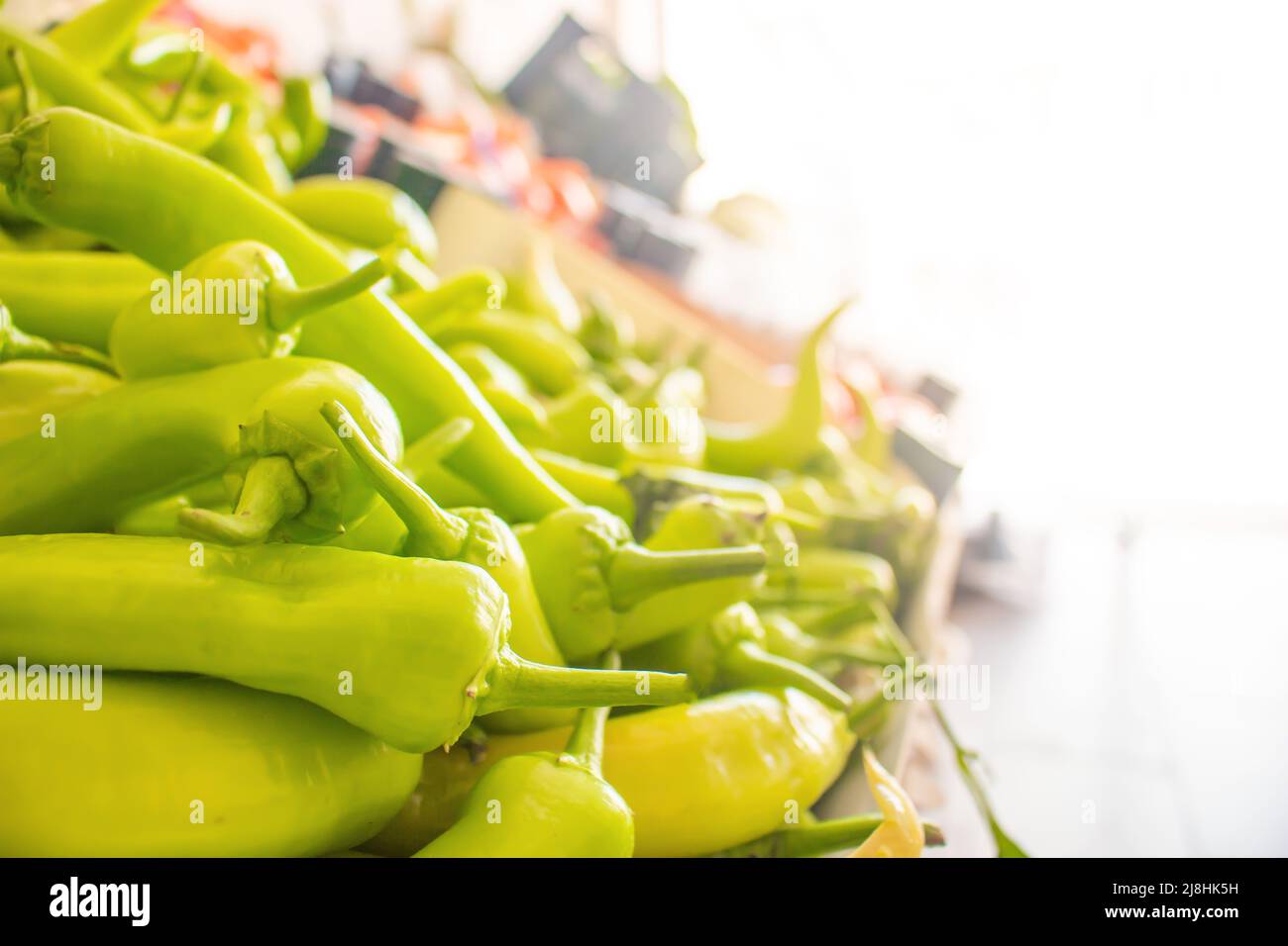Fresh green pepper in the grocery store stall with sunlight, copy space bokeh background. Bunch of market stalls, selective focus close-up. Stock Photo