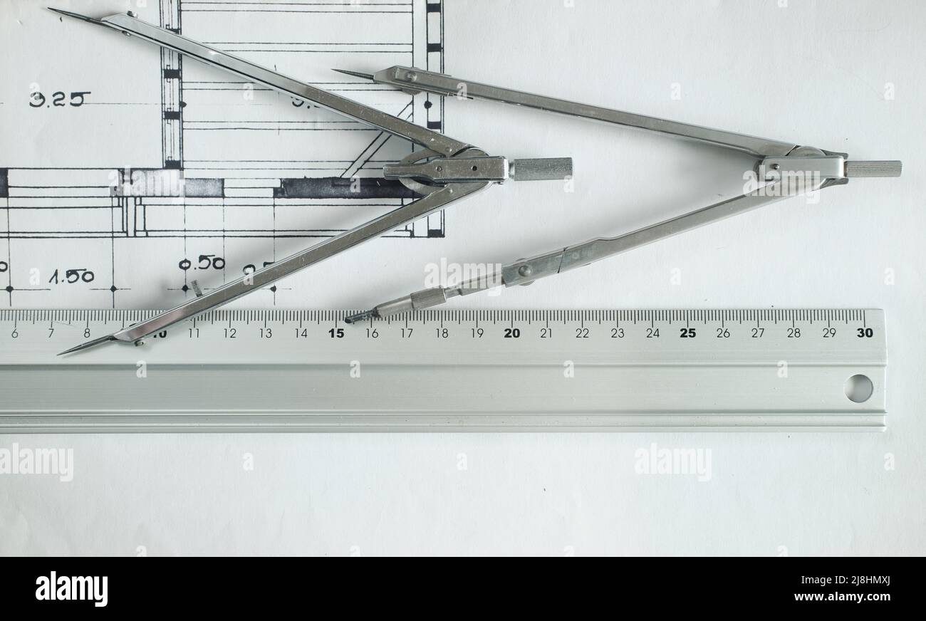 Construction and architecture concept. Residential building drawings, flat lay, free copy space Stock Photo