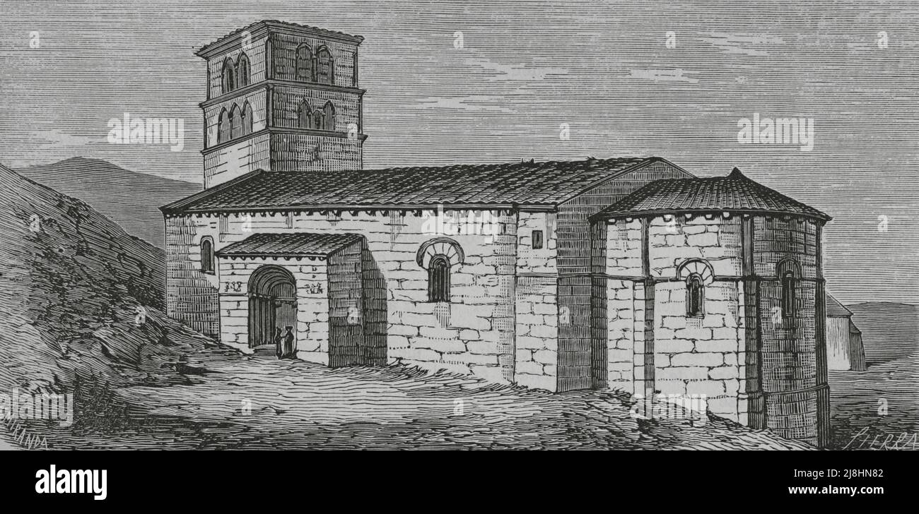 Spain. Collegiate Church of San Pedro de Cervatos. Engraving by Sierra, 19th century. Stock Photo