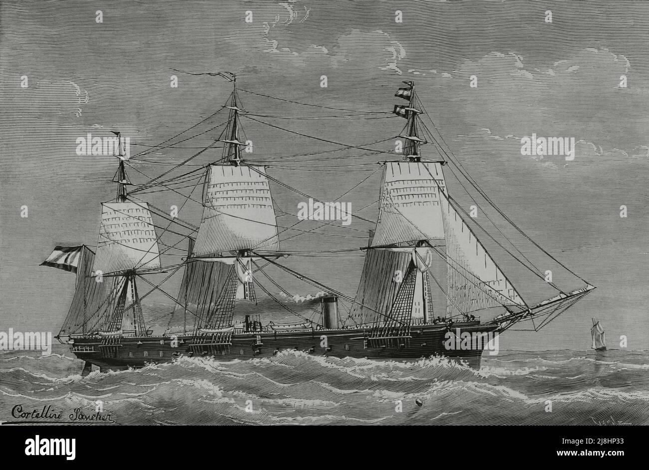 Frigate 'Navas de Tolosa', sent by the Spanish government on a friendly mission to the Pacific ports. Engraving by Capuz, 1882. Stock Photo