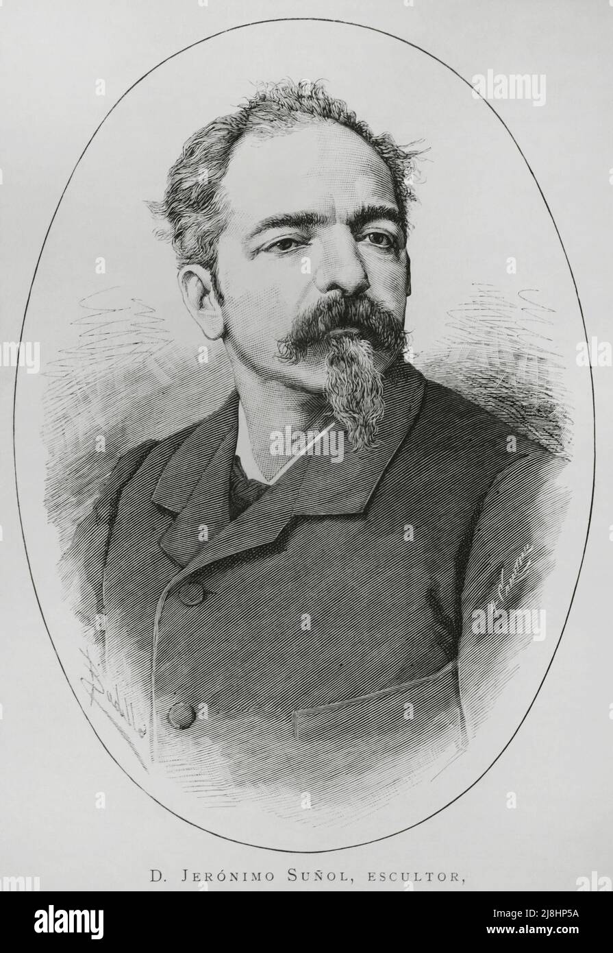 Jerónimo Miguel Suñol y Pujol (1839-1902). Spanish sculptor. Engraving by Carretero, 1882. Stock Photo