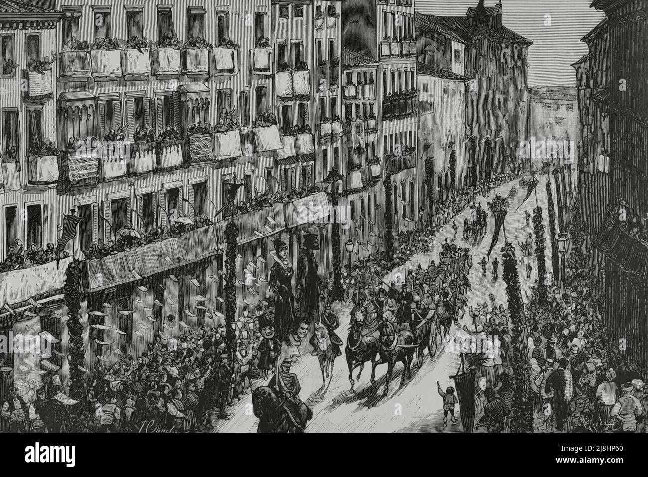Spain, Aragon, Huesca. Inauguration of the Canfranc railway. Entrance of King Alfonso XII (1857-1885) into the city of Huesca, on October 22, 1882. Engraving by Capuz. Stock Photo