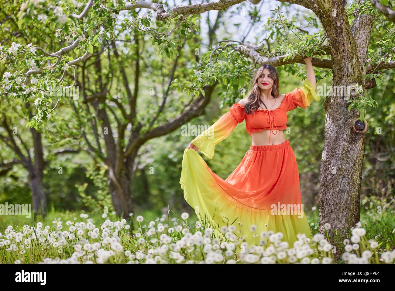 Person In Spring portrait of a woman in a dress in nature on a beautiful spring day ...
