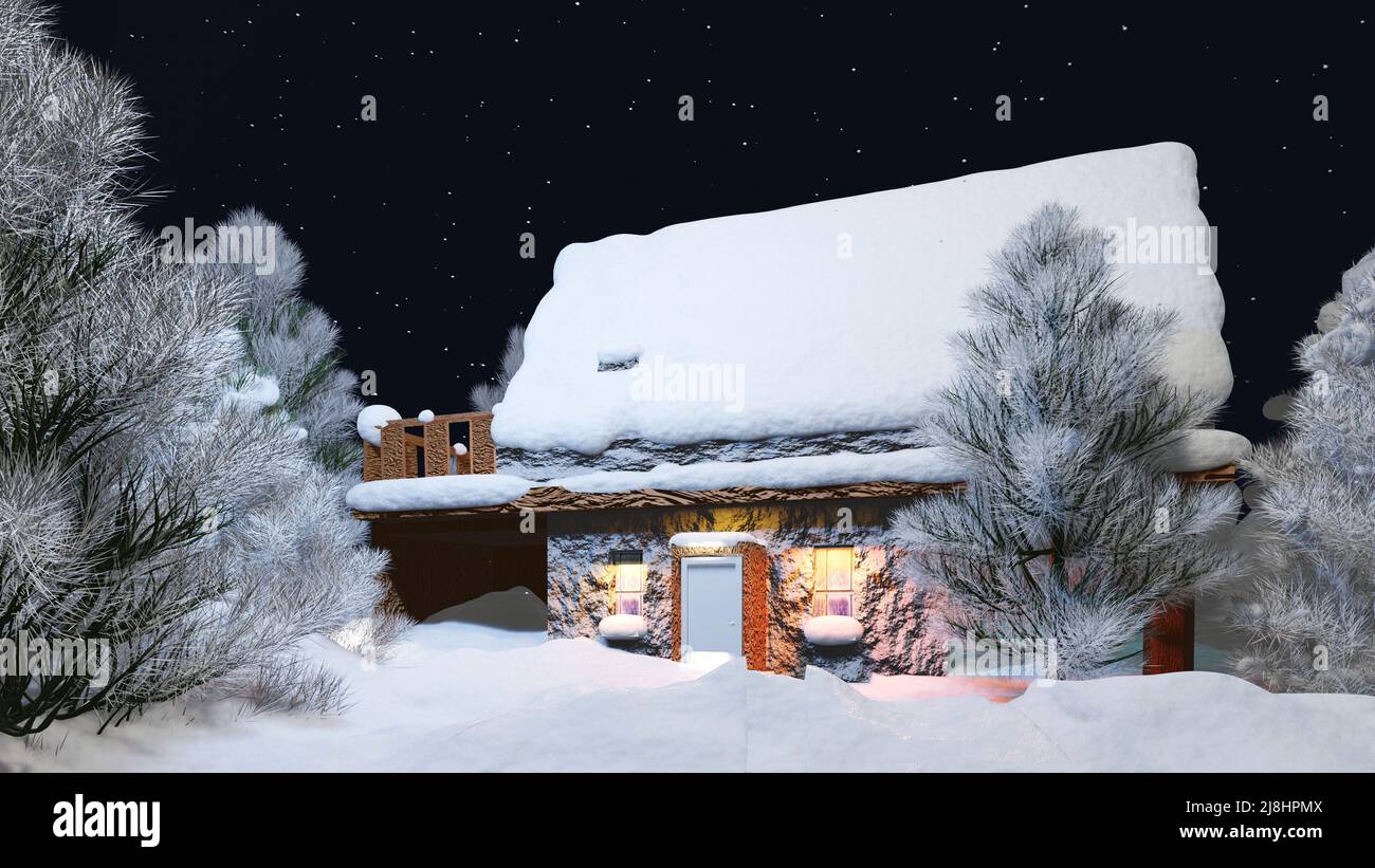 Christmas background and winter landscape scenery with house in the ...