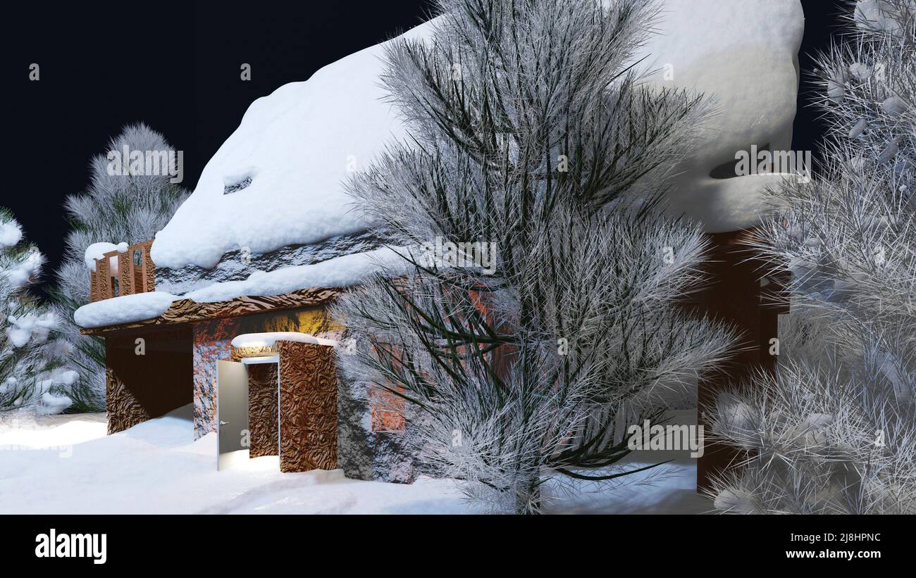 Christmas background and winter landscape scenery with house in the snow and pine trees in forest. 3D render illustration. Stock Photo
