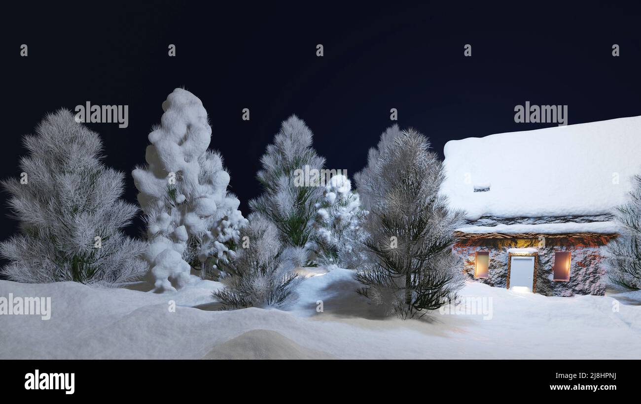 Christmas background and winter landscape scenery with house in the ...