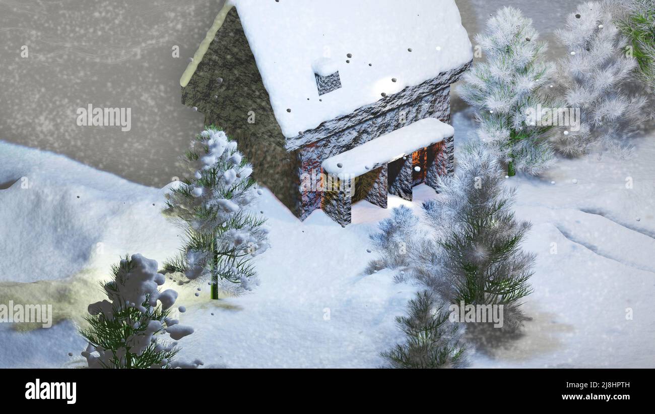 Christmas background and winter landscape scenery with house in the ...