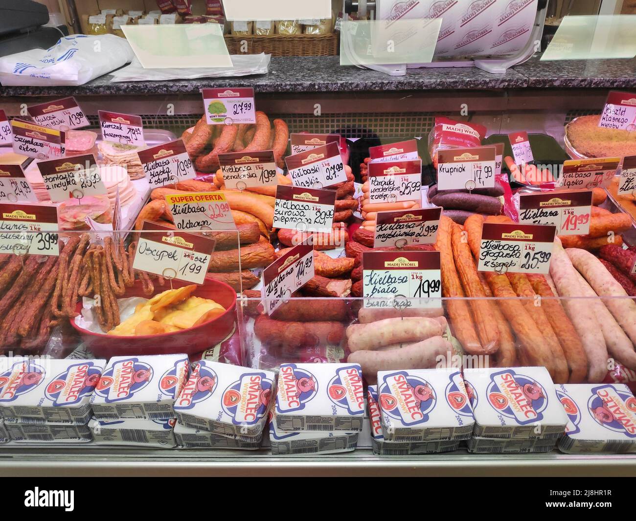 BYTOM, POLAND - JANUARY 19, 2021: Typical local smoked meat deli products, sausages and hot dogs in Bytom, Poland. Stock Photo