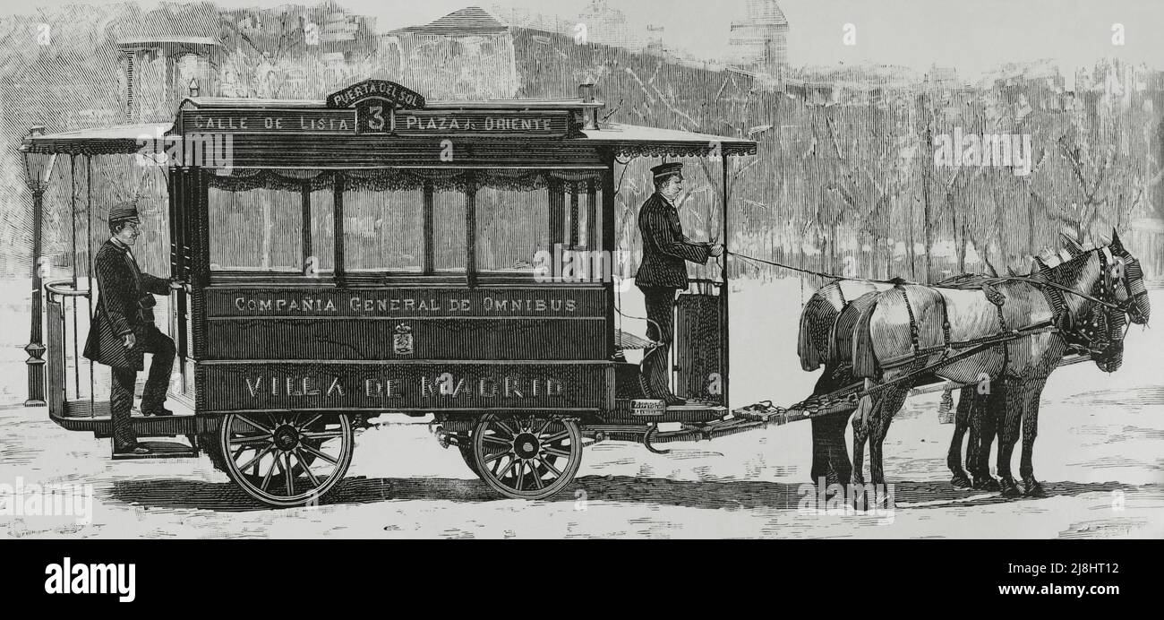 Spain, Madrid. Carriages model for the new Rippert Omnibus line. Engraving, 1882. Stock Photo
