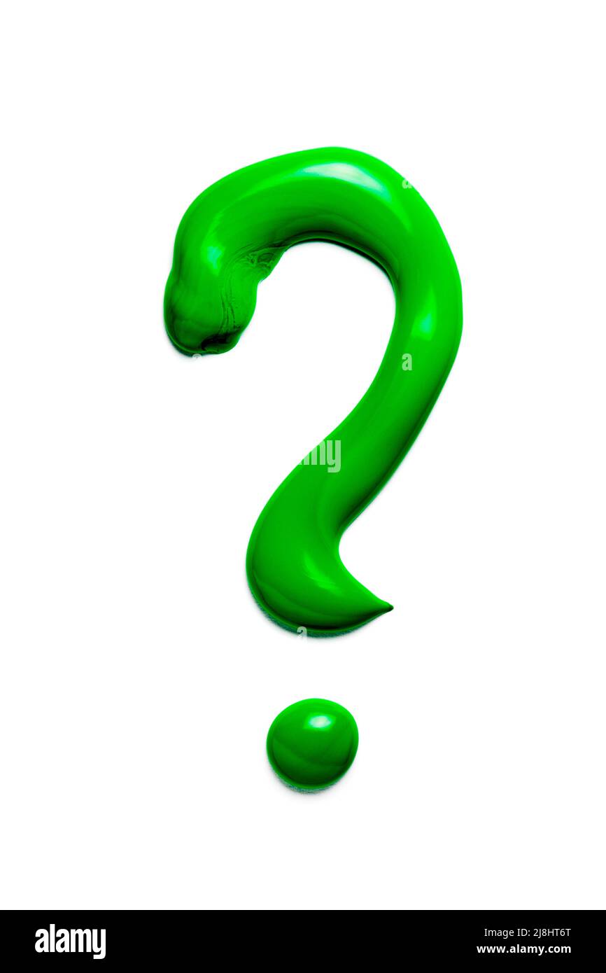 Close-up of a green question mark made of green pasty acrylic paint on a white background. Stock Photo
