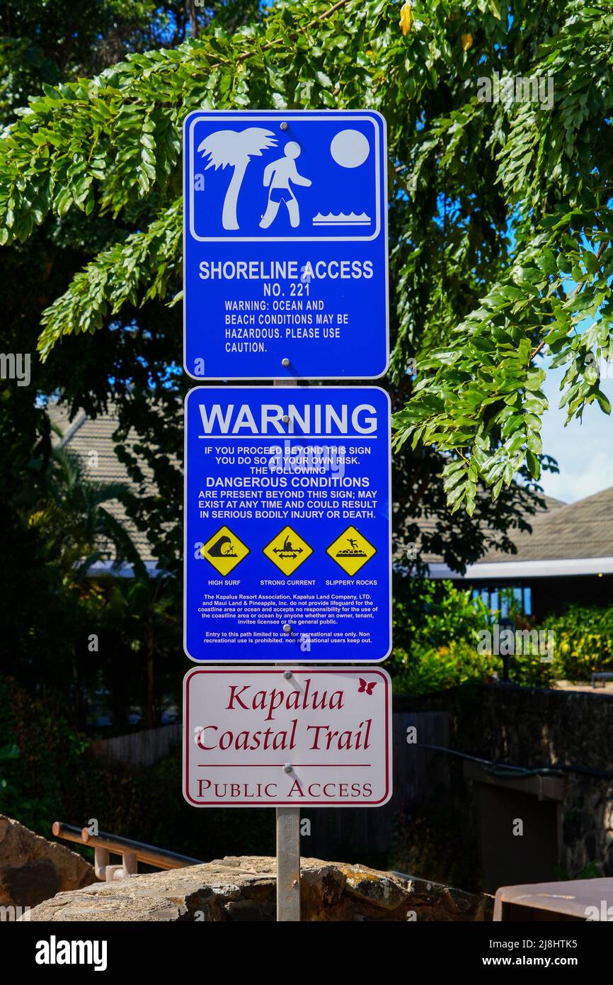 Warning sign at the entrance of the Kapalua Coastal Trail in West Maui