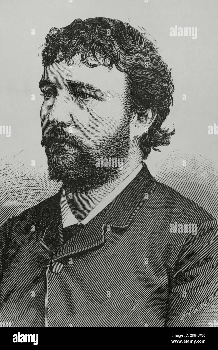 Angelo Massini (1844-1926). Italian tenor. Portrait. Engraving by Carretero, 1882. Stock Photo
