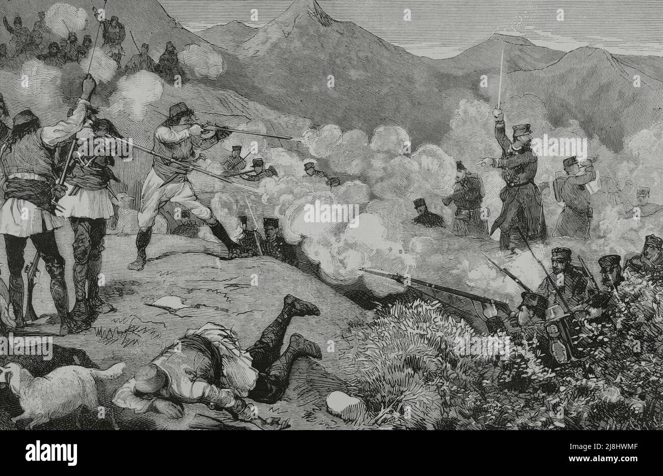 Austro-Hungarian campaign to occupy the former Ottoman territories of the Bosnian Waliate. Dalmatian-Herzegovinian insurrection. Combat on the Zagoria mountains between insurgents and Austrian troops. Engraving by Capuz, 1882. Stock Photo