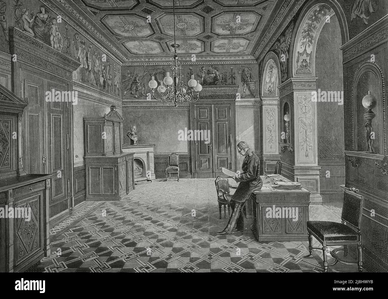 Helmuth von Moltke (1800-1891. German field marshal. Moltke in his cabinet in the German general staff palace. Berlin, Germany. Engraving, 1882. Stock Photo