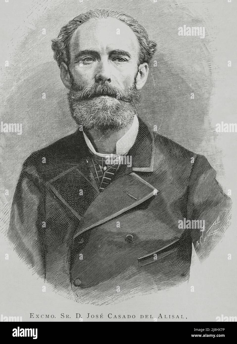 José María Casado del Alisal (1832-1886). Spanish painter. Portrait. Engraving by Arturo Carretero, 1882. Stock Photo