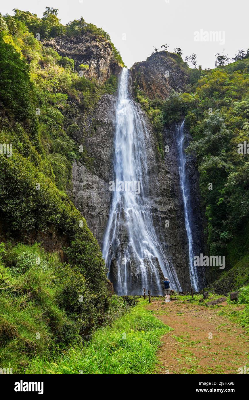 Manawaiopuna waterfall aka Jurassic Falls in Hanapepe Valley in the center of Kauai island, Hawaii Stock Photo