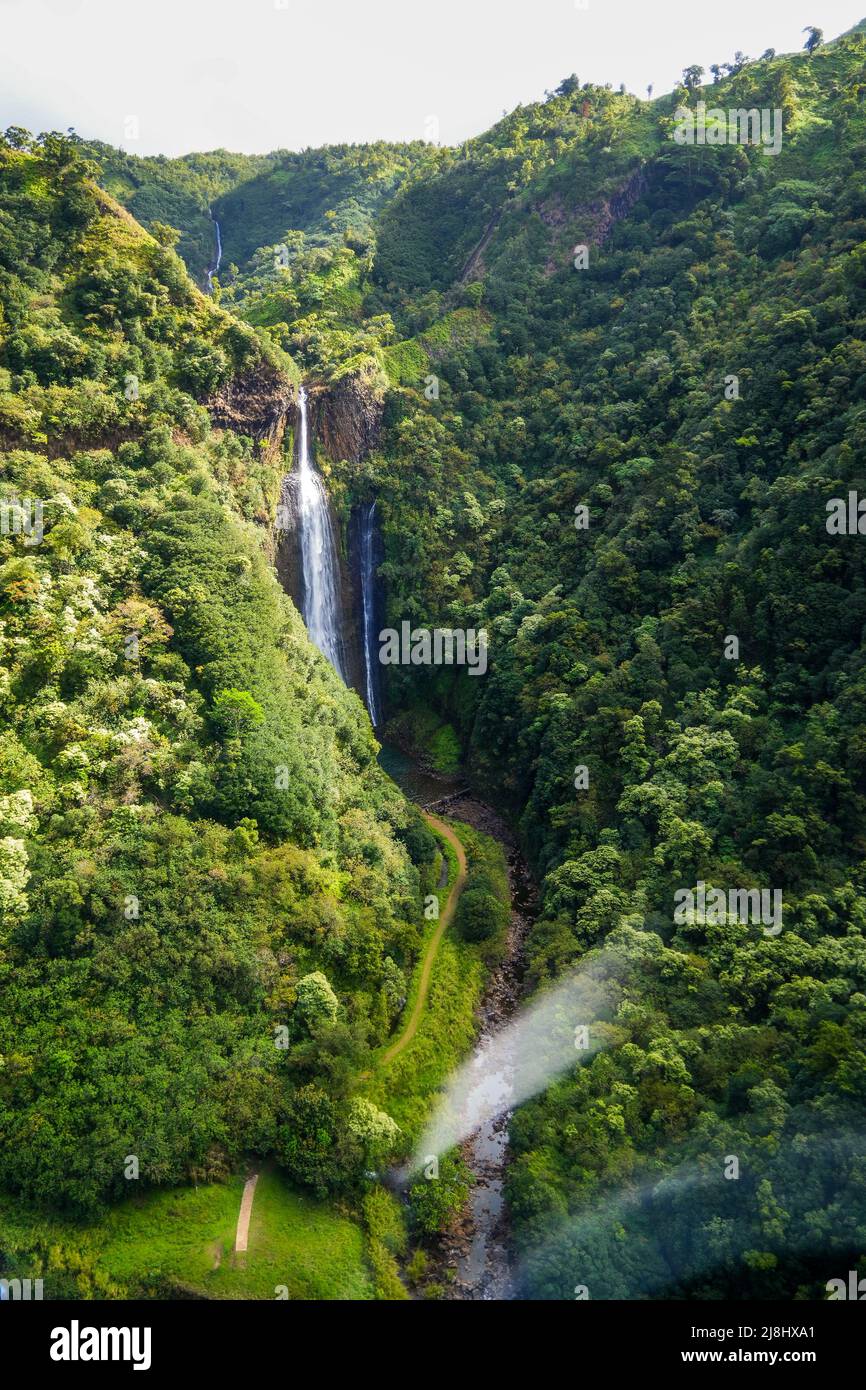 Aerial view of Manawaiopuna waterfall aka Jurassic Falls in Hanapepe Valley in the center of Kauai island, Hawaii Stock Photo