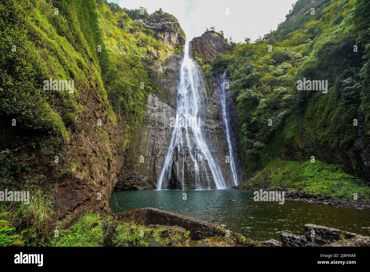 Manawaiopuna waterfall aka Jurassic Falls in Hanapepe Valley in the center of Kauai island, Hawaii Stock Photo
