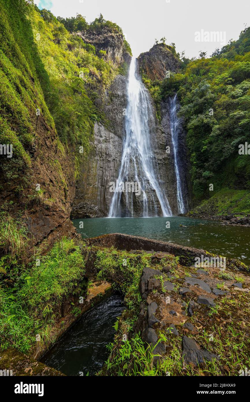 Manawaiopuna waterfall aka Jurassic Falls in Hanapepe Valley in the center of Kauai island 