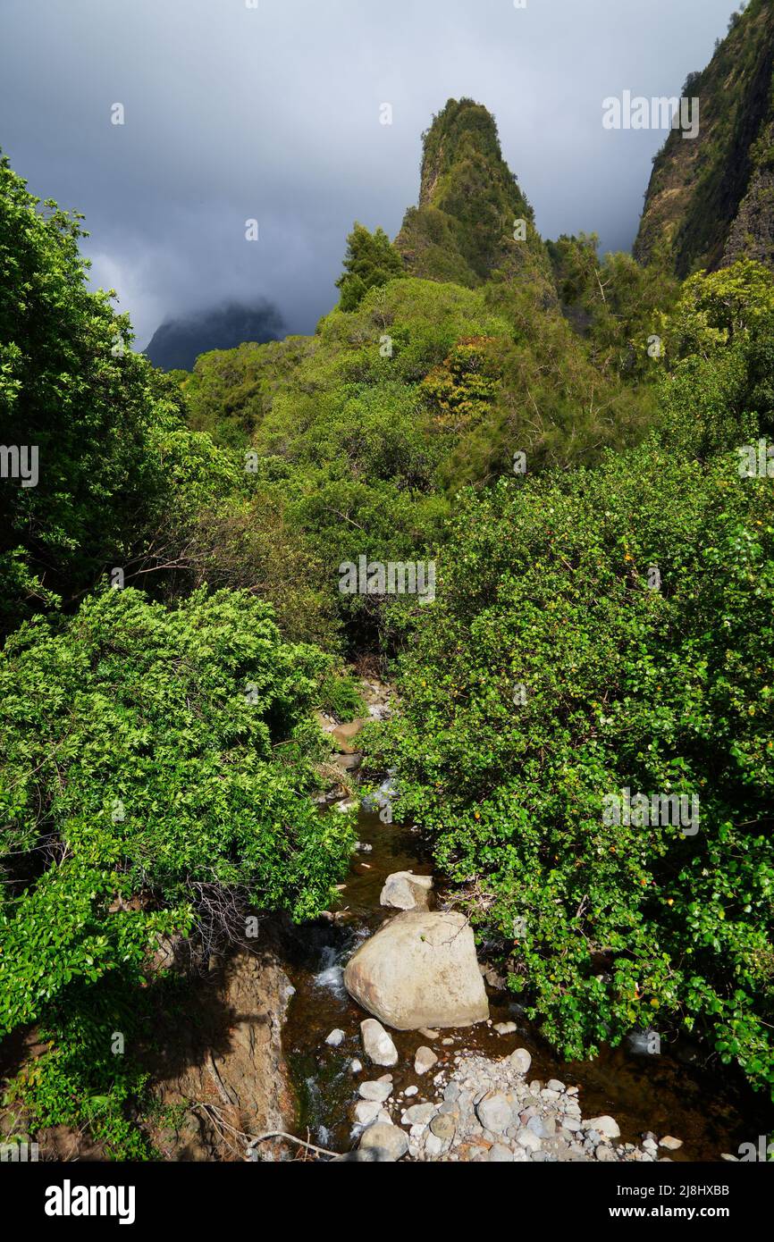 Iao Needle State Monument in Iao Valley in the west of Maui island in Hawaii, United States
