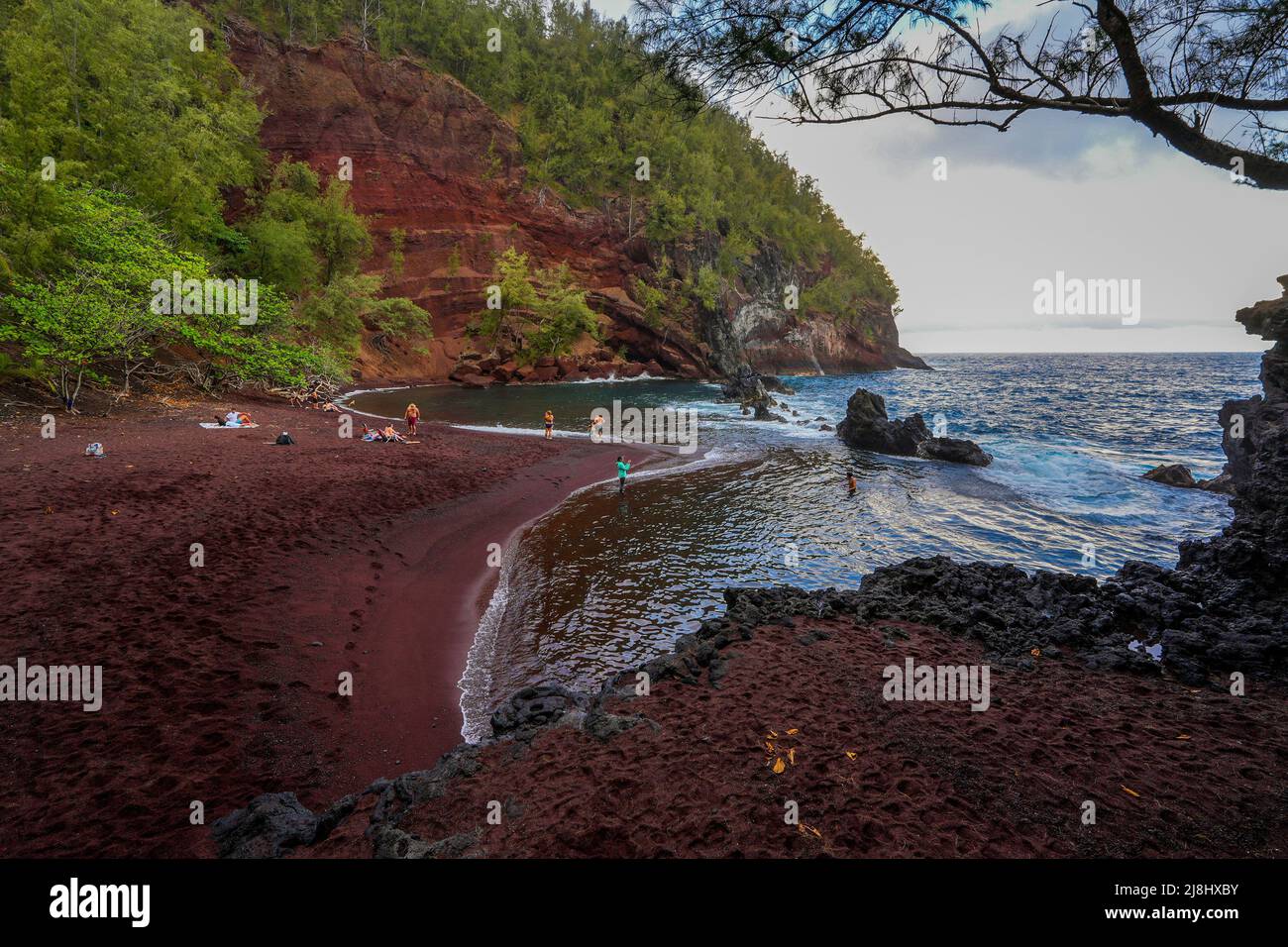 Kaihalulu Red Sand Beach on the Road to Hana in the East of Maui island in Hawaii, United States