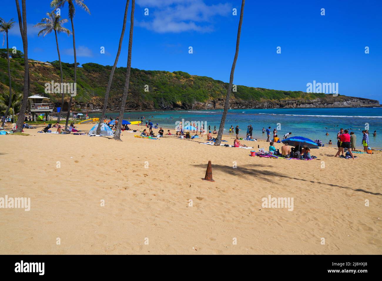 The beach of the Hanauma Bay Nature Preserve on O'ahu island in Hawaii