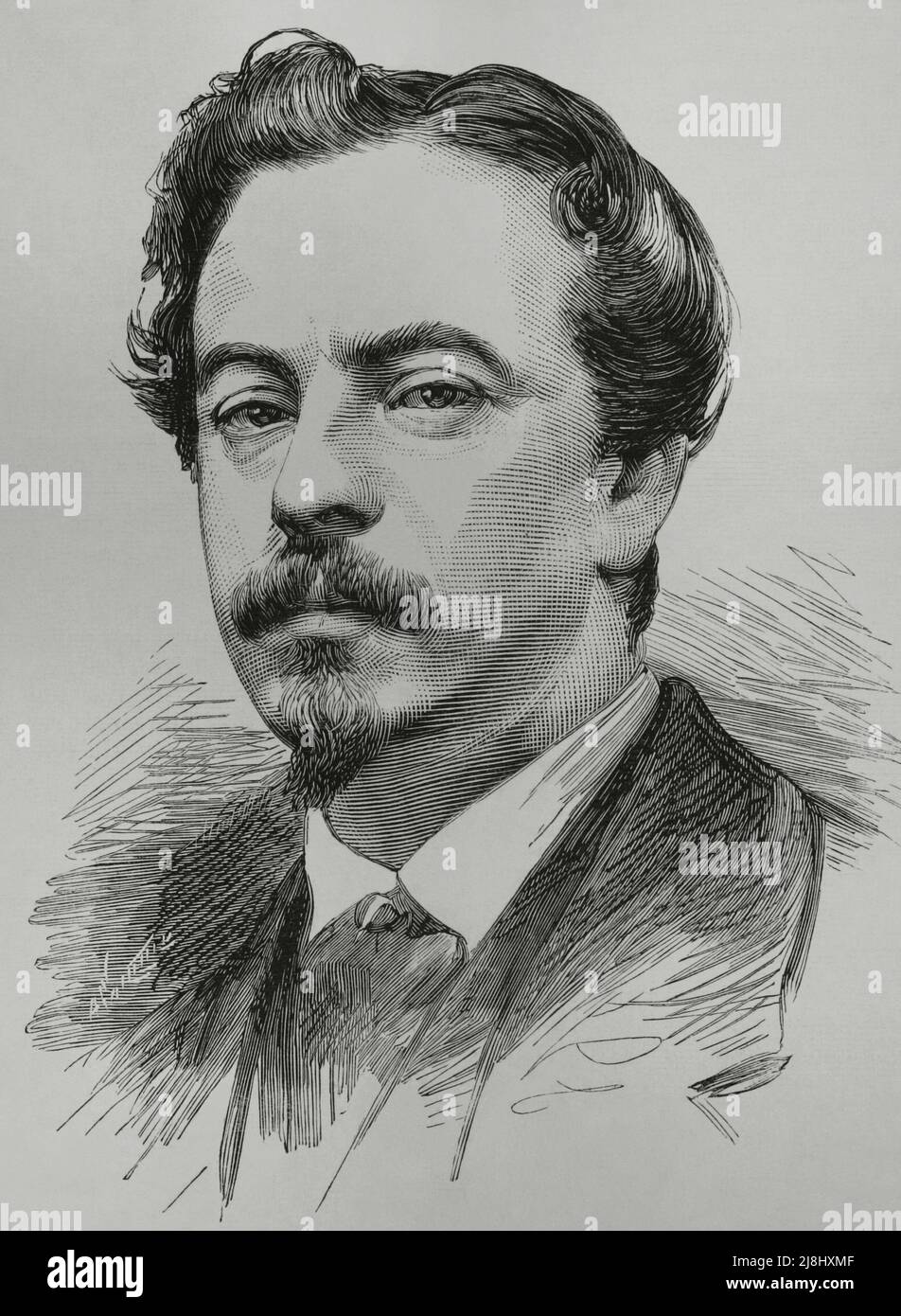 Ignacio Suarez Llanos (1830-1881). Spanish painter and illustrator of the 19th century. Portrait. Engraving, 1882. Stock Photo