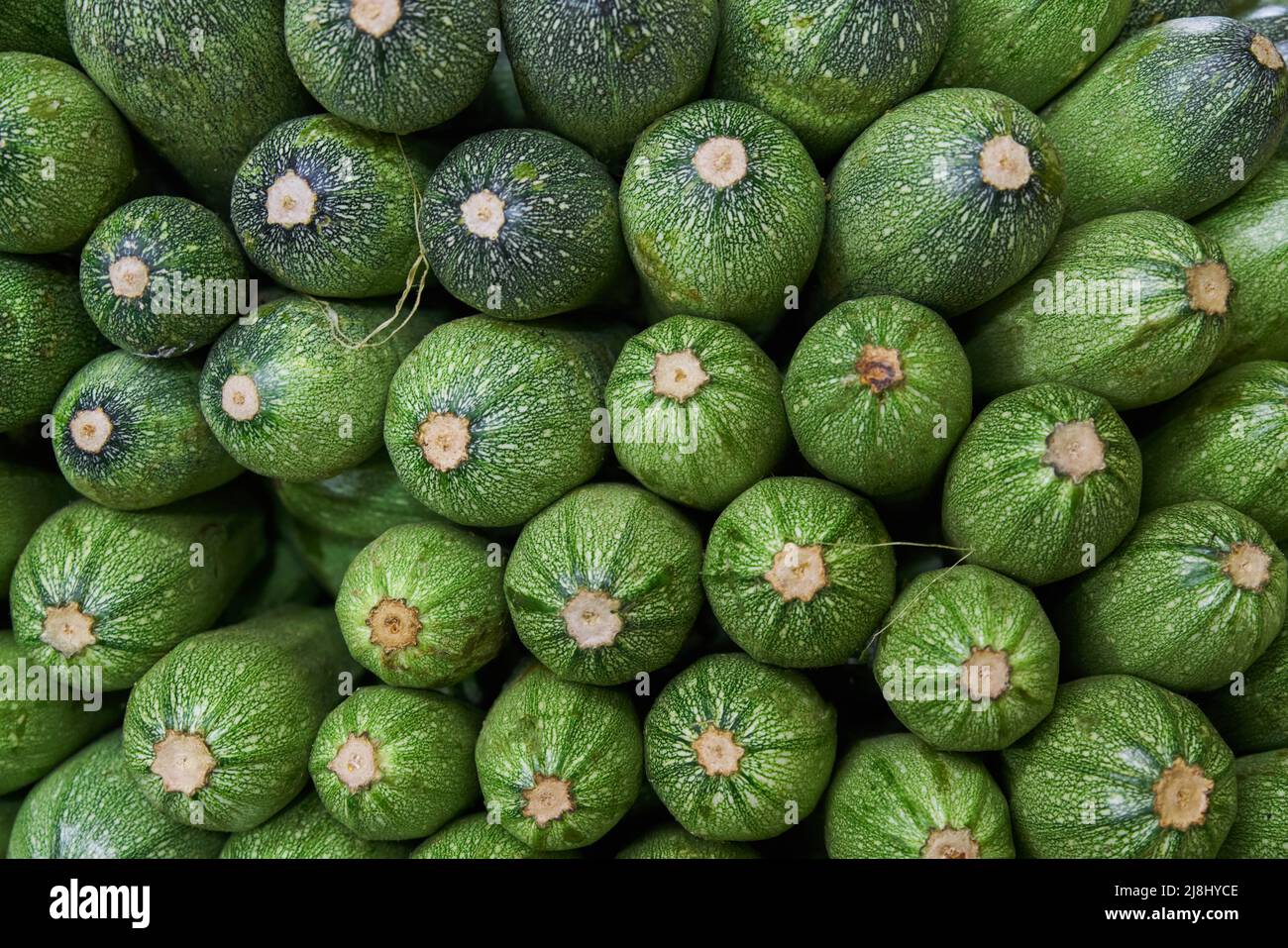 Stacked zucchini on a shelf for sale within a market Stock Photo