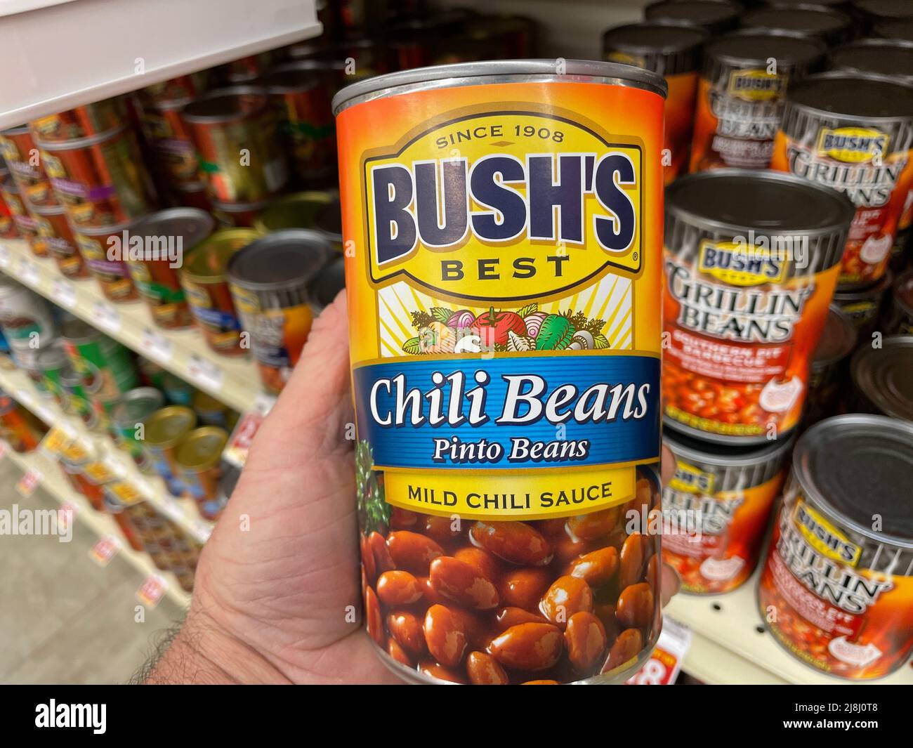 Grovetown, Ga USA - 04 20 22: Retail store shelf Bushs chili beans medium in a can Stock Photo