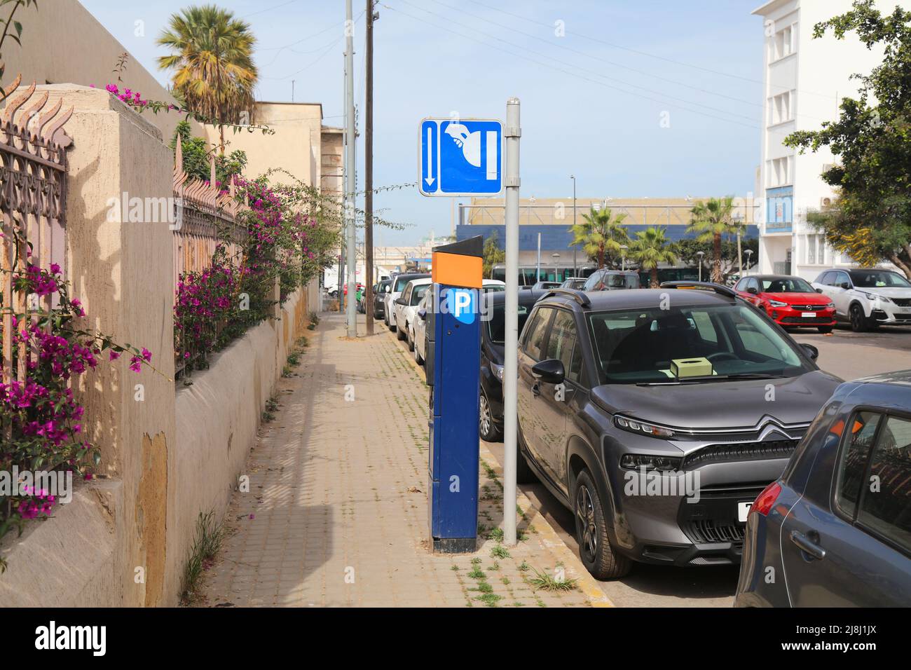 CASABLANCA, MOROCCO - FEBRUARY 22, 2022: Parking meter in downtown Casablanca, Morocco. Casablanca is the largest city of Morocco. Stock Photo