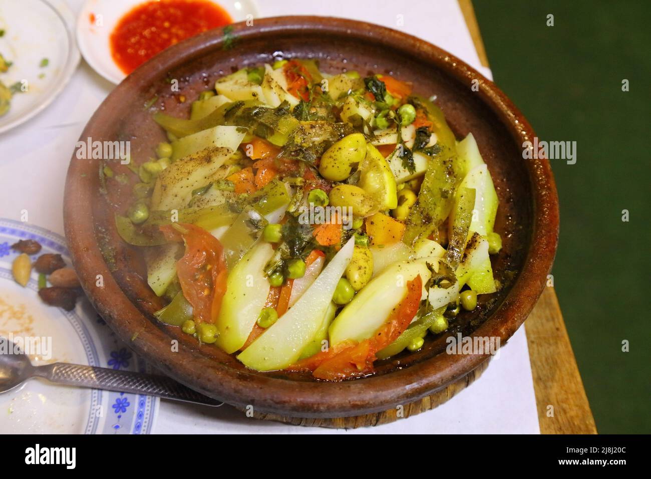 Vegetable tagine dinner. Moroccan food. Cuisine of Morocco Stock Photo