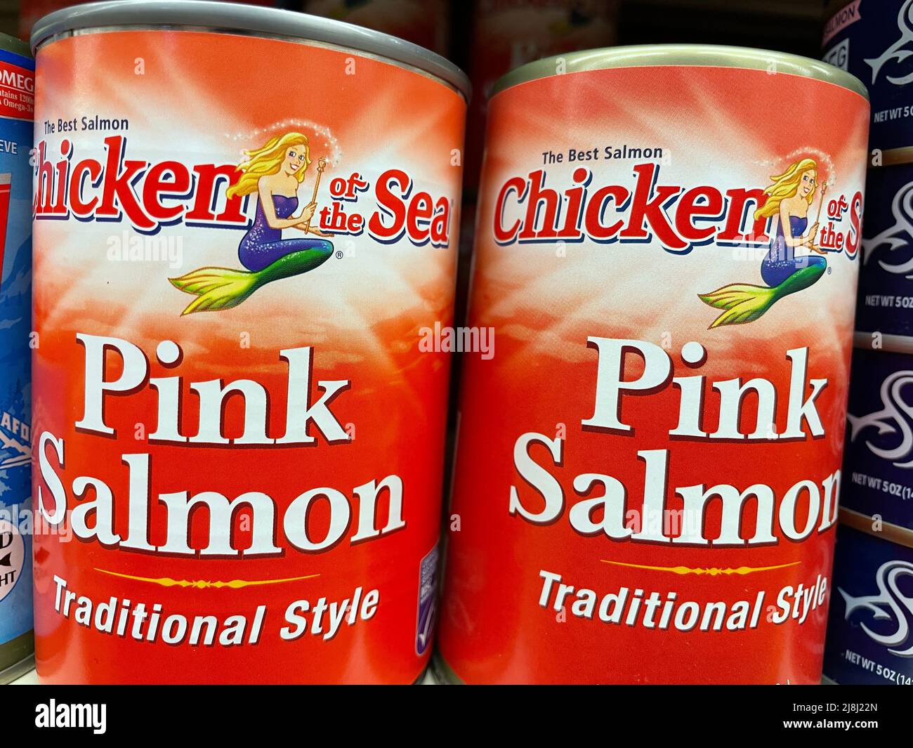 Grovetown, Ga USA - 04 20 22: Retail store shelf Chicken of the Sea Pink Salmon in a can Stock Photo