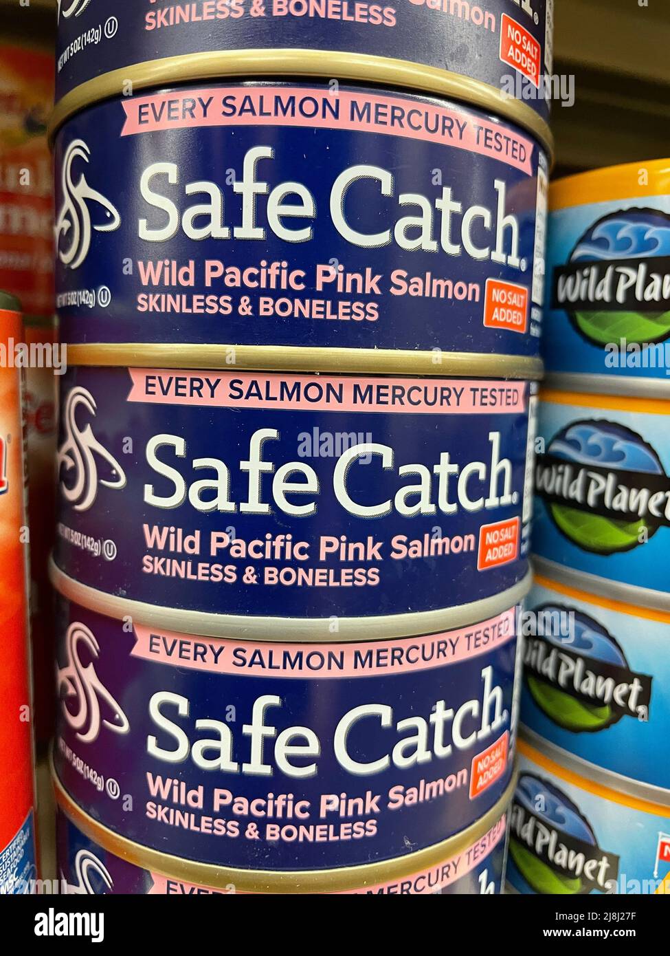 Grovetown, Ga USA - 04 20 22: Retail store shelf Safe Catch tuna in a can variety Stock Photo