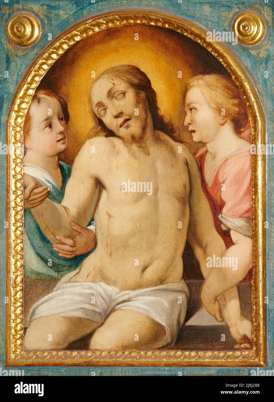 Cristo in pietà sorretto da due angeli  - testata di bara, olio su tavola - Simondio Salimbeni  - prima metà del XVII secolo - Buonconvento (Si),Itali Stock Photo