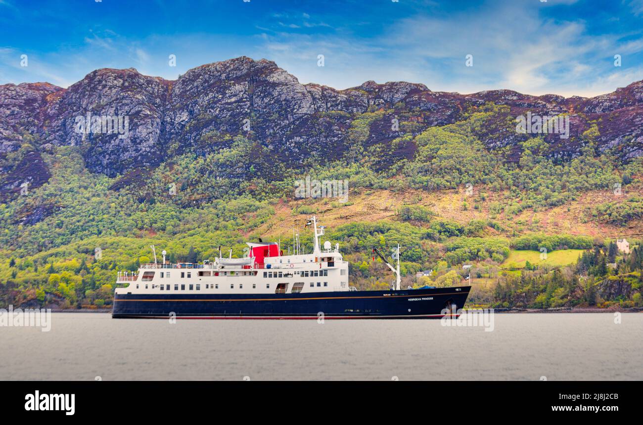 MV Hebridean Princess cruises Loch Carron with stunning views overlooking the picturesque village of  Plockton, The Jewel of the Highlands,Scotland Stock Photo