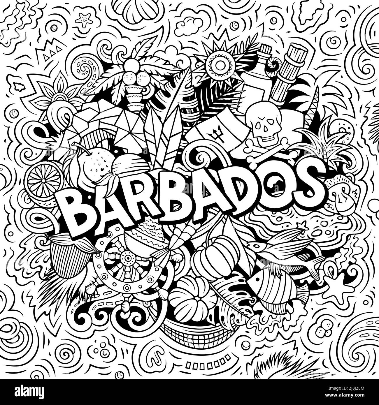 Barbados hand drawn cartoon doodle illustration. Funny local design