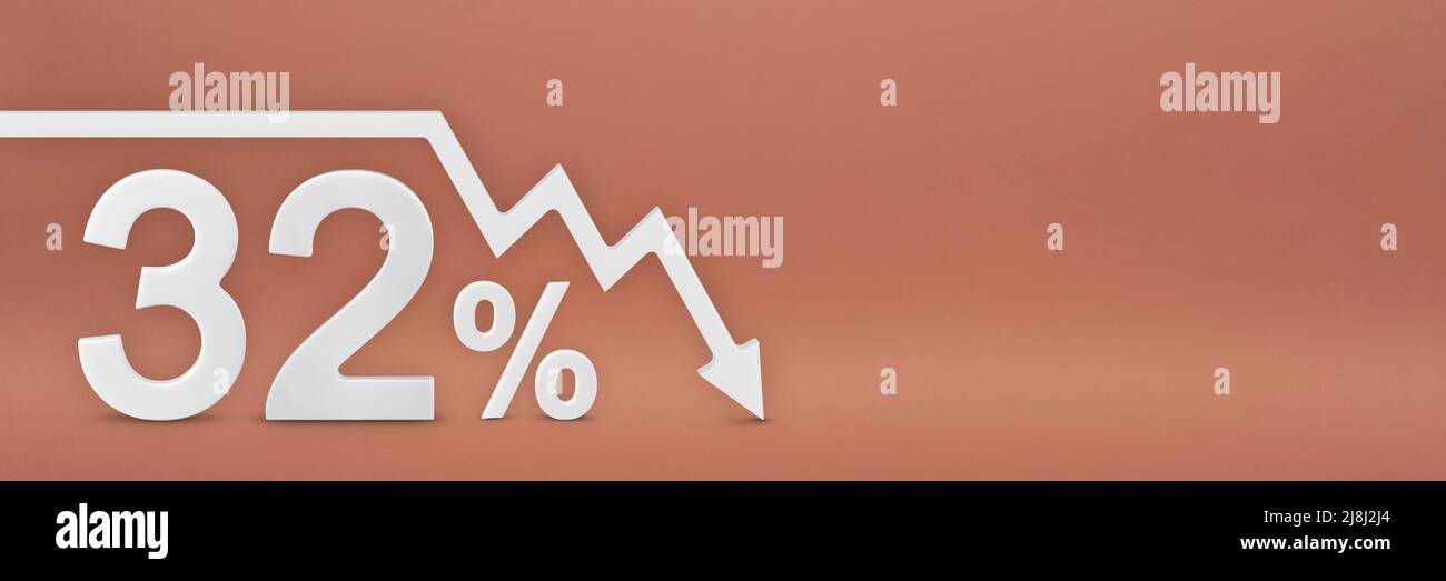 thirty-two percent, the arrow on the graph is pointing down. Stock market crash, bear market, inflation.Economic collapse, collapse of stocks.3d Stock Photo