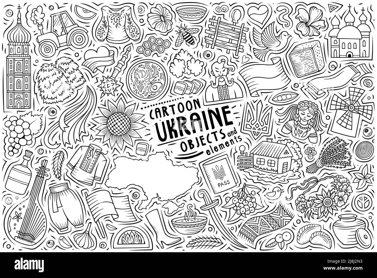 Line art vector hand drawn doodle cartoon set of Ukraine theme items, objects and symbols Stock Vector