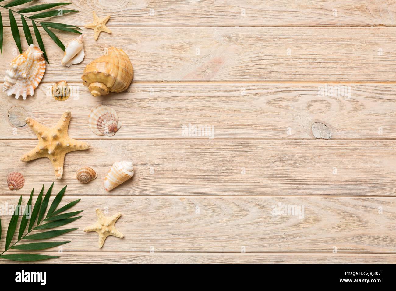 Summer time concept Flat lay composition with beautiful starfish and ...