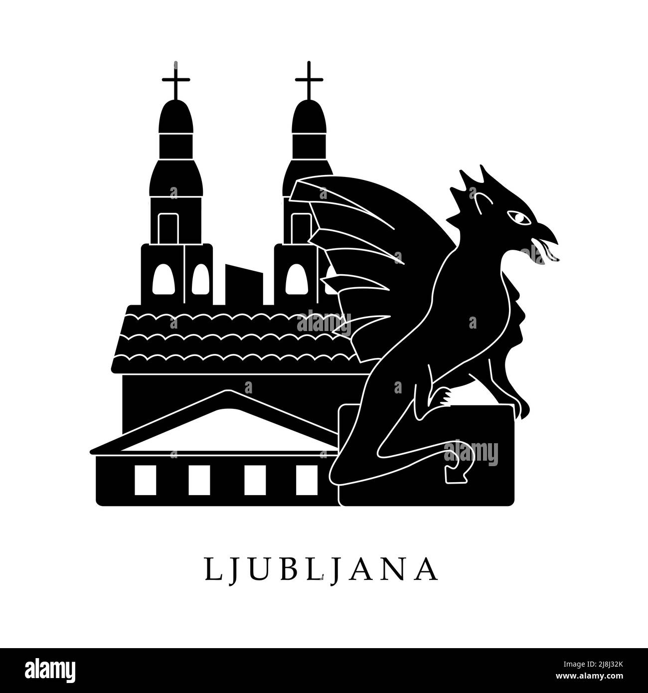 European capitals, Ljubljana. Black and white illustration Stock Vector