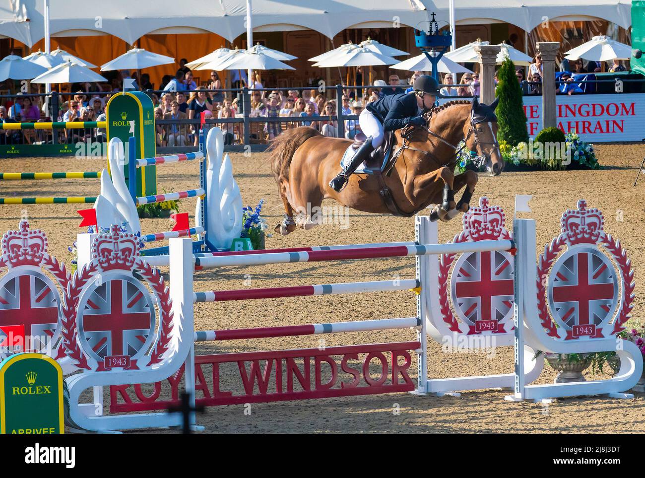 Windsor Berkshire UK  14 May 2022 Great Britain’s Holly Smith claims victory in the finals of the  Kingdom of Bahrain Stakes for the King’s Cup at the Royal Windsor Horse Show Credit Gary Blake /Alamy live news Stock Photo