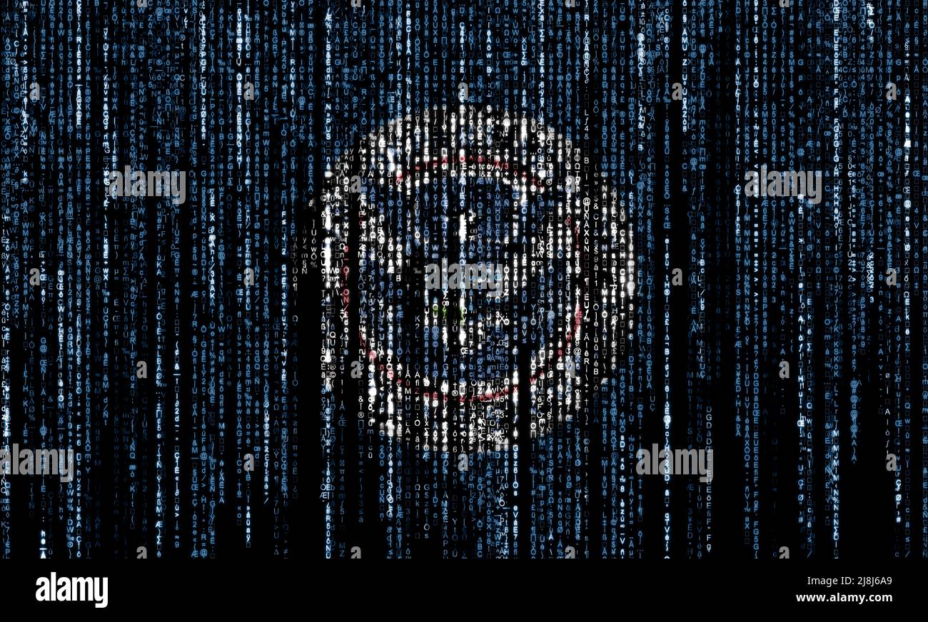 Flag of the DHS (USA) on a computer binary codes falling from the top and fading away. Stock Photo